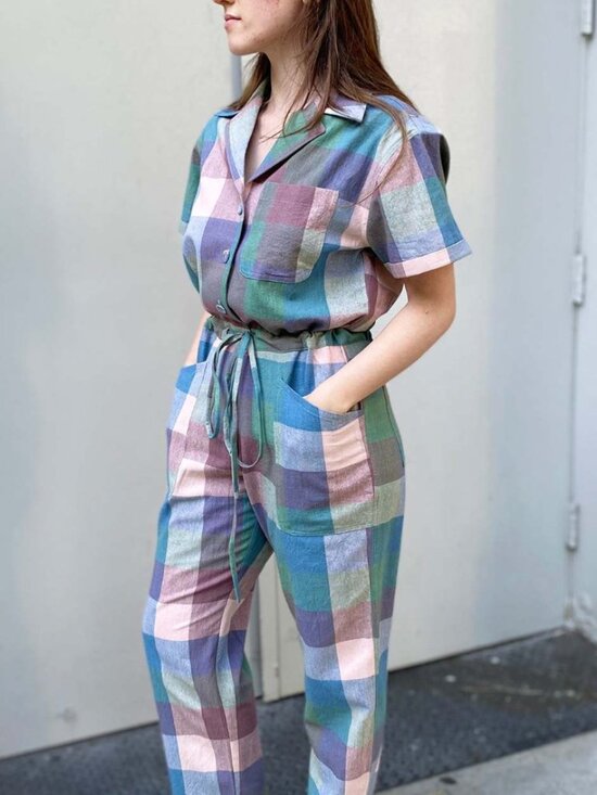 Rujuta Sheth Pants - Plaid Pastel Short-Sleeve Jumpsuit